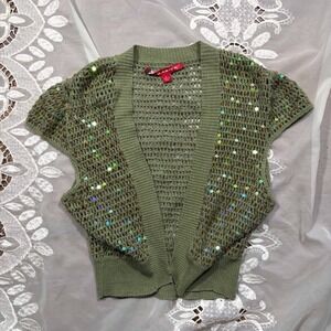 Y2K Fairy Olive Green Sequin Crochet Open Front Cap Sleeve Cardigan Bolero L